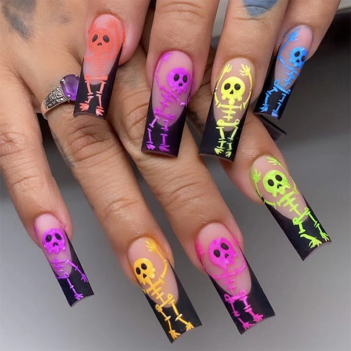Creative Halloween Art Nail Set with Skeleton Hearts and Glowing Accents Stornfield