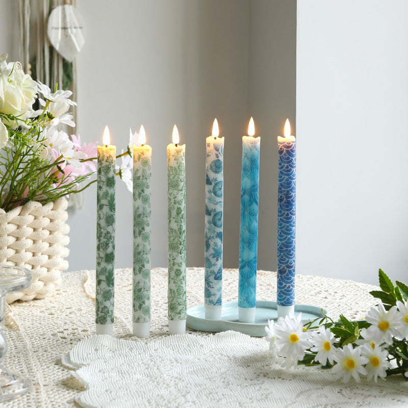 Ceramic Triple Taper Candle Holder with Patterned Taper Candles