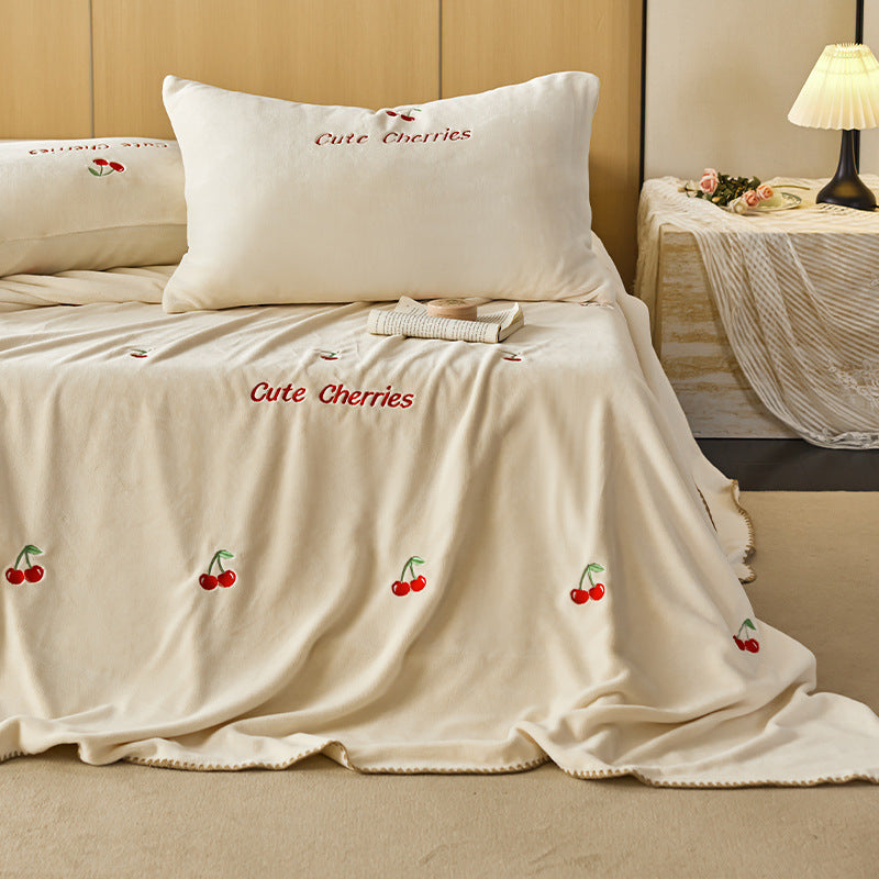 Plush Embroidered Tulip Velvet Bedspread and Matching Pillowcase Set