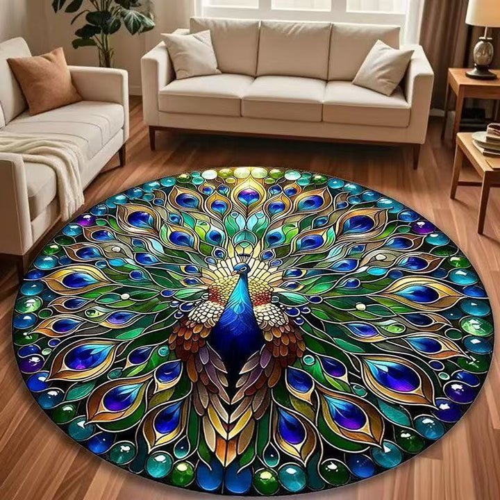 Round Peacock-Inspired Area Rug
