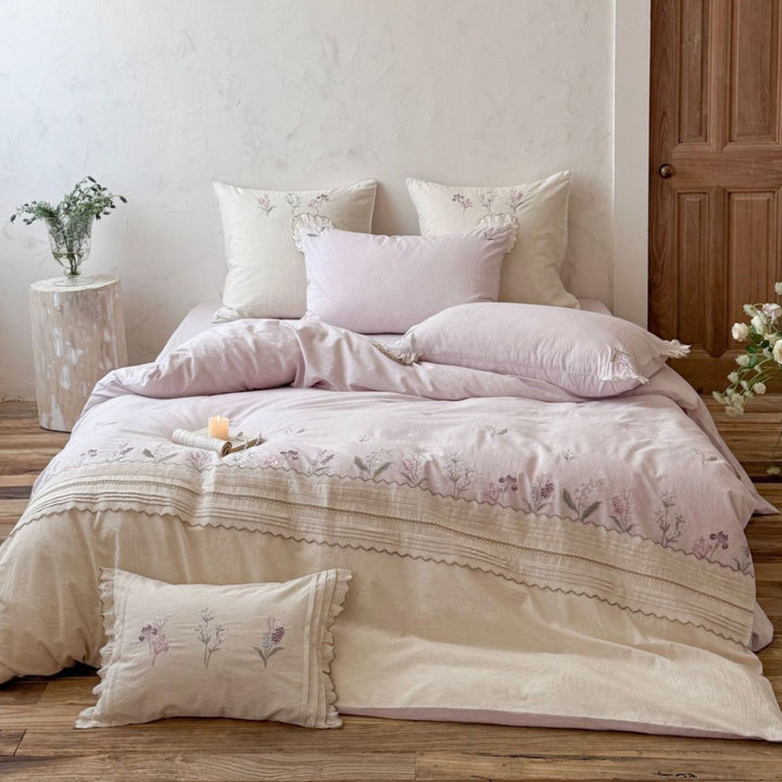 Embroidered Floral Linen-Cotton Duvet Cover Set with Ruffled Pillow Shams