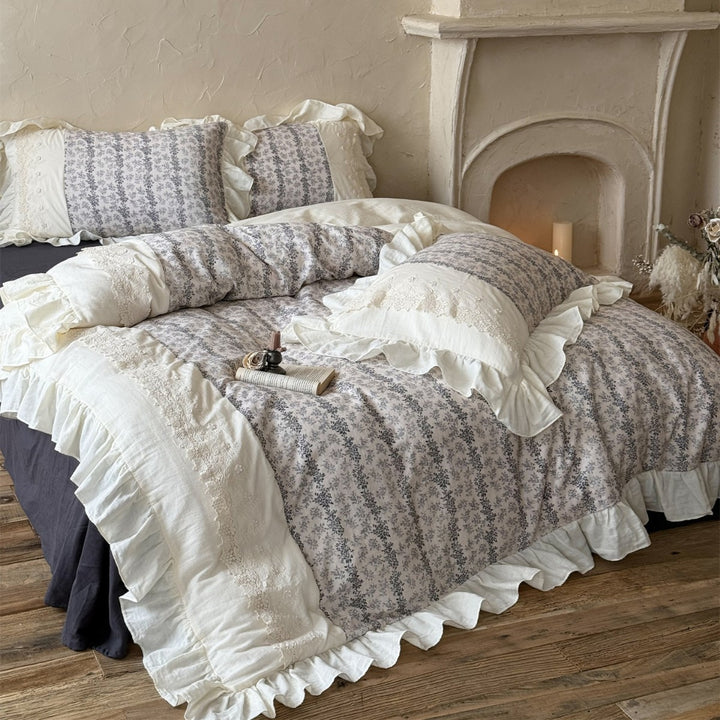 Cottage Lace-Panel Floral Quilt-Style Duvet Cover Set with Frilled Hem