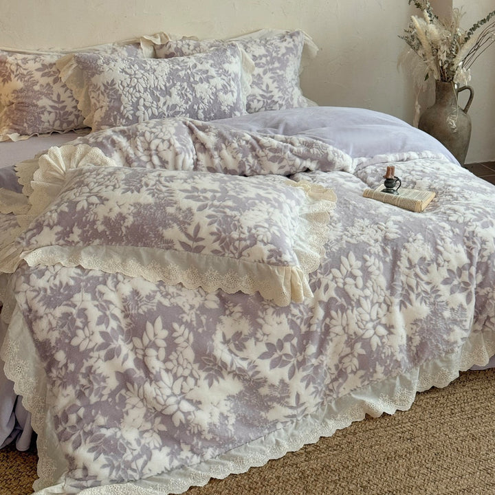 Floral Embossed Plush Jacquard Duvet Cover Set with Scalloped Lace Ruffled Shams