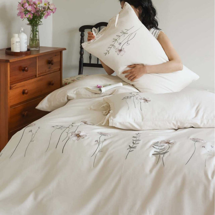 Floral Embroidered Cotton Duvet Cover Set with Tie-Sham Detailing