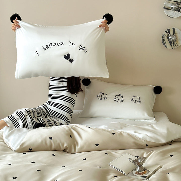 Cotton satin bedding set with heart allover, cute cat embroidery and pompom pillow
