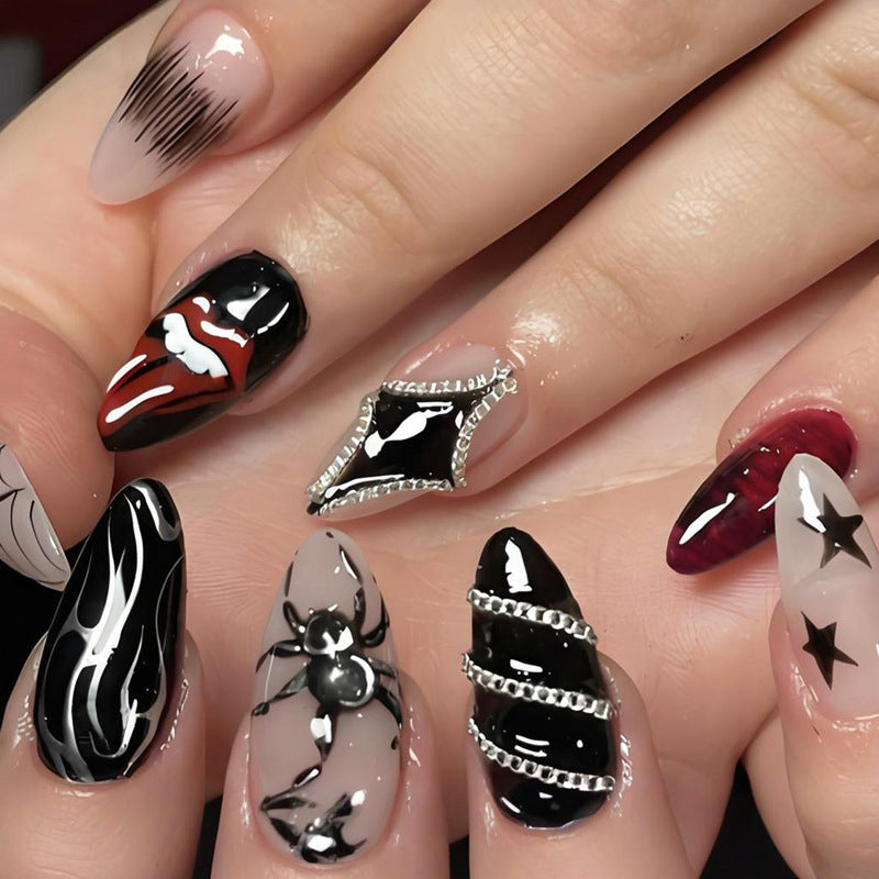 Artificial nail set with spooky clown motifs and extravagant accents Stornfield