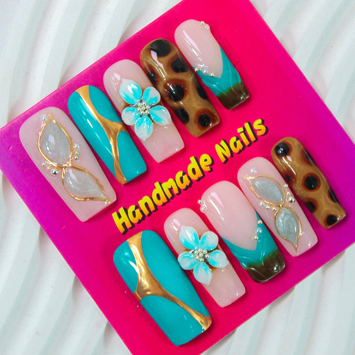 Artificial Nails Set with Handmade Glitter and Flower Designs Stornfield