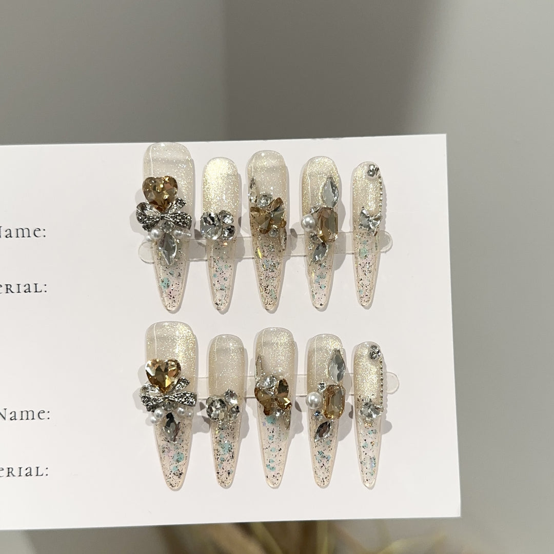 Elegant Stiletto Press-On Nail Set with Gemstone Accents