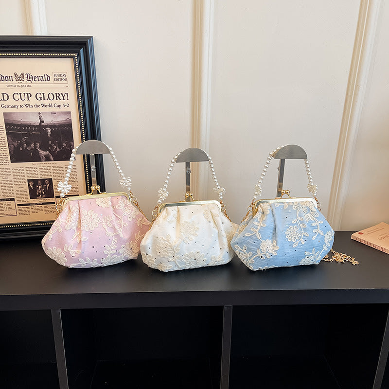 Embroidered Clutch Handbag with Pearl Accents