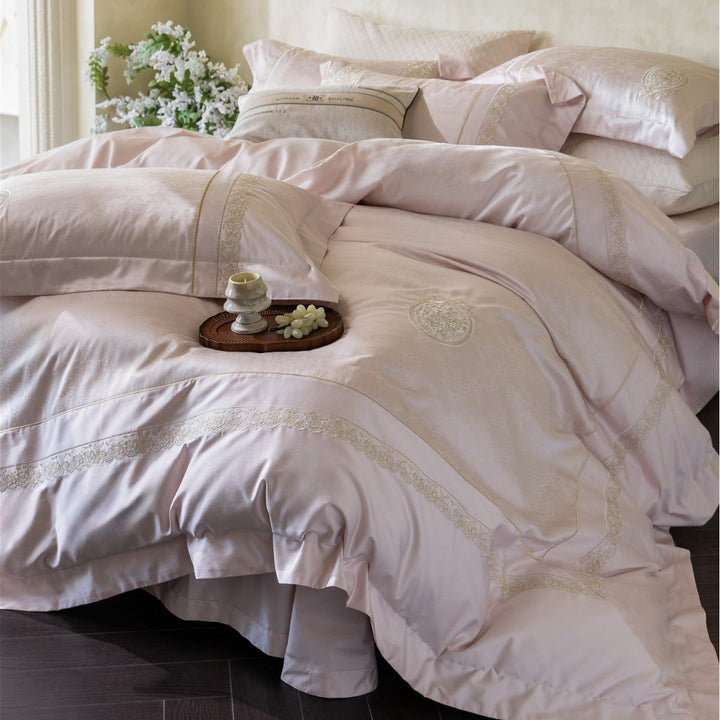 Luxury Embroidered Jacquard Sateen Duvet Cover Set with Lace Medallion Accents