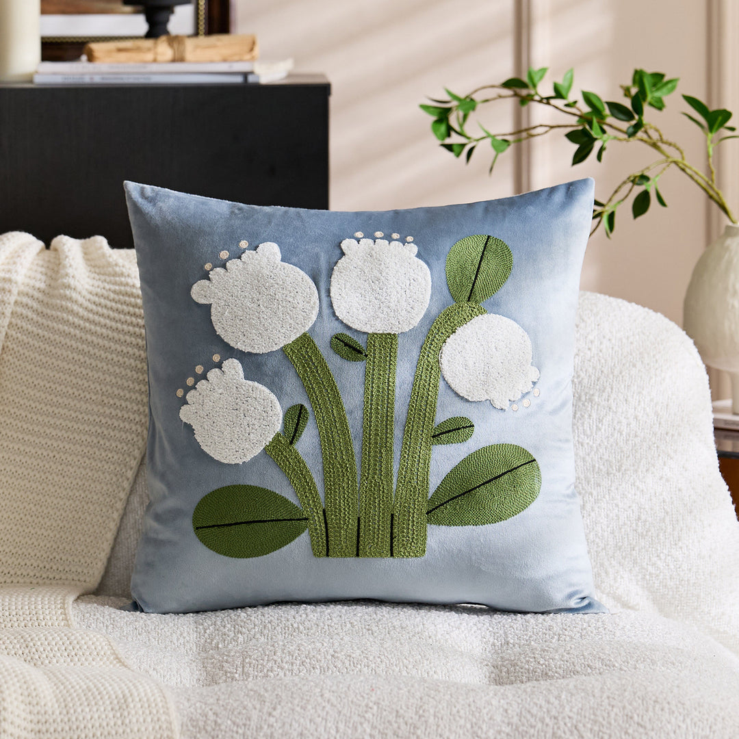 Square Velvet Tufted Floral Chenille Appliqué Accent Pillow Cover
