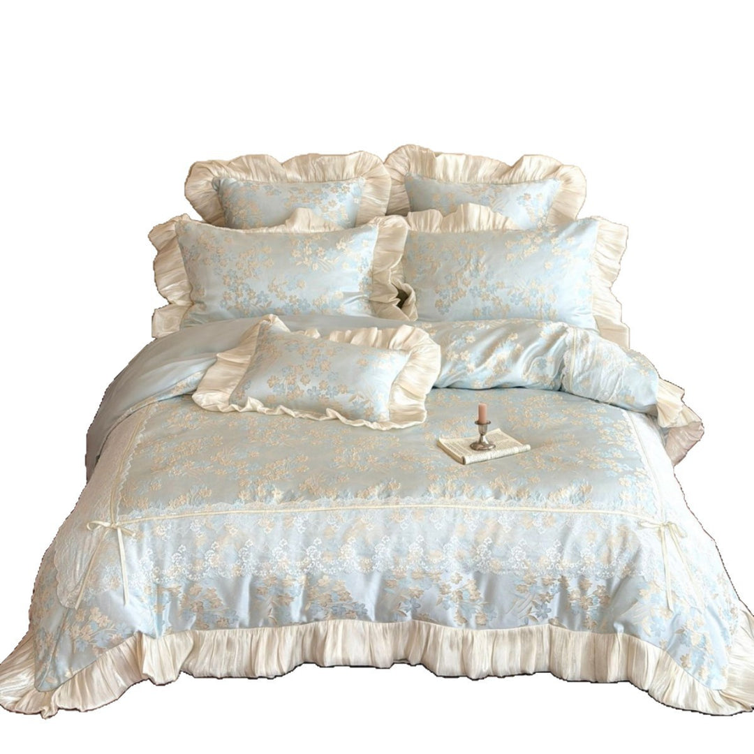 Ruffled Jacquard Floral Satin-Trim Duvet Cover & Sham Set