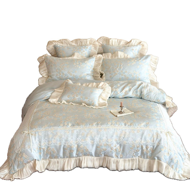 Ruffled Jacquard Floral Satin-Trim Duvet Cover & Sham Set