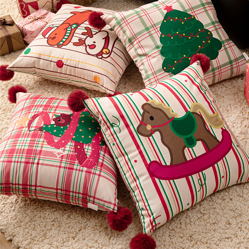 Square Christmas decorative cushion with pom-pom corners and printed dog design