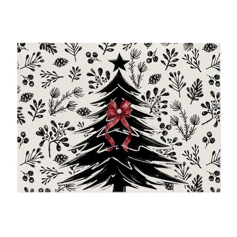 Decorative Rectangular Cotton-Linen Holiday Tablecloth with Repeating Hand-Painted Christmas Tree Motif