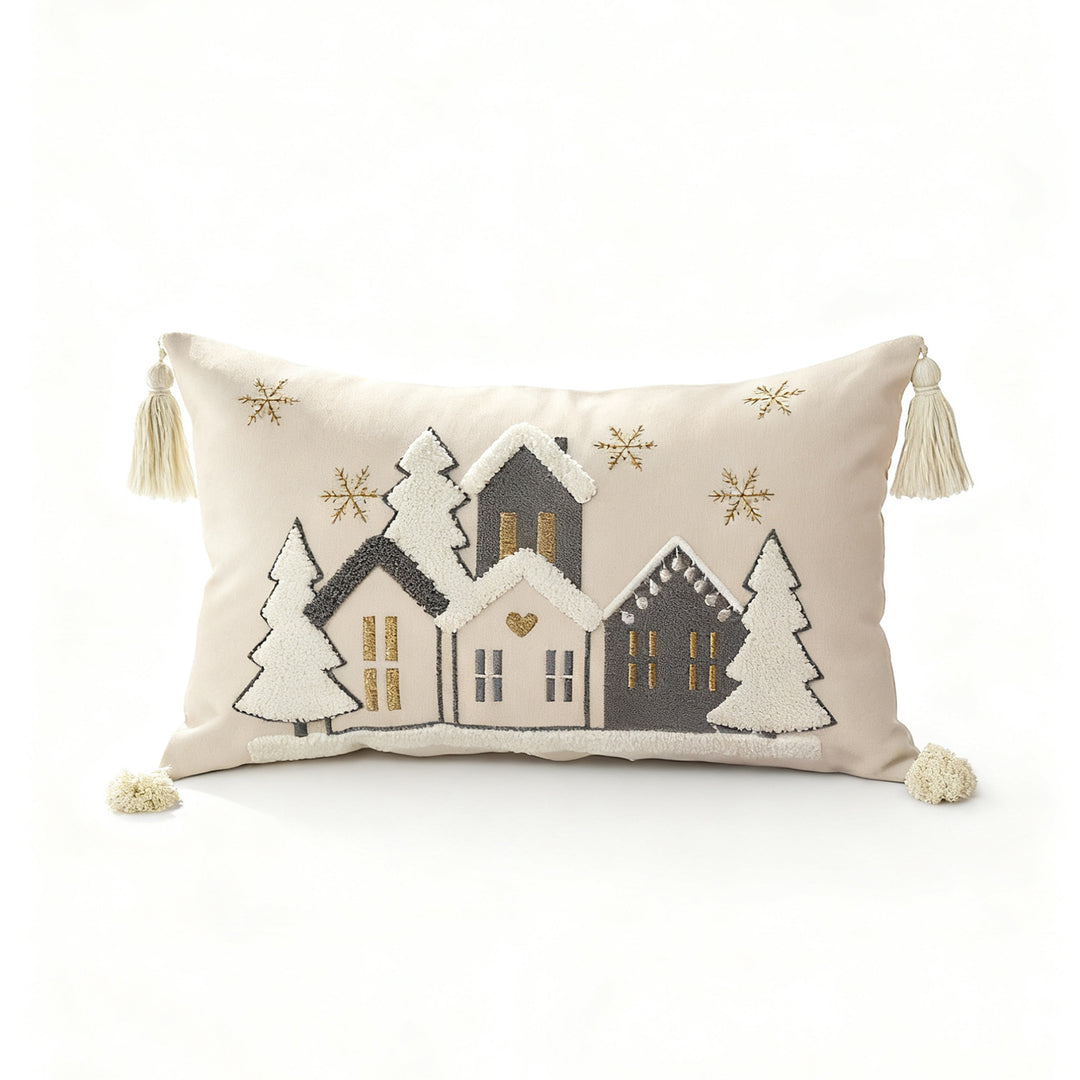 Festive Embroidered Snowy Village Tassel Throw Pillow Set
