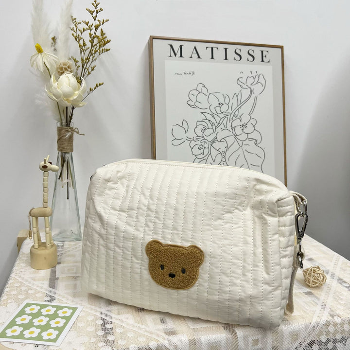 Quilted Padded Nursery Diaper Bag with Teddy Appliqué and Removable Strap