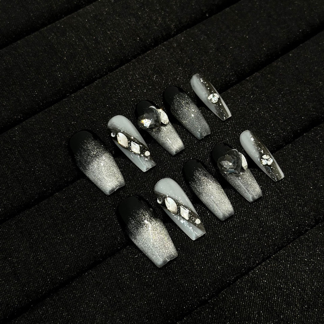 Artistic Ombre Press-On Nail Set with Gemstone Accents