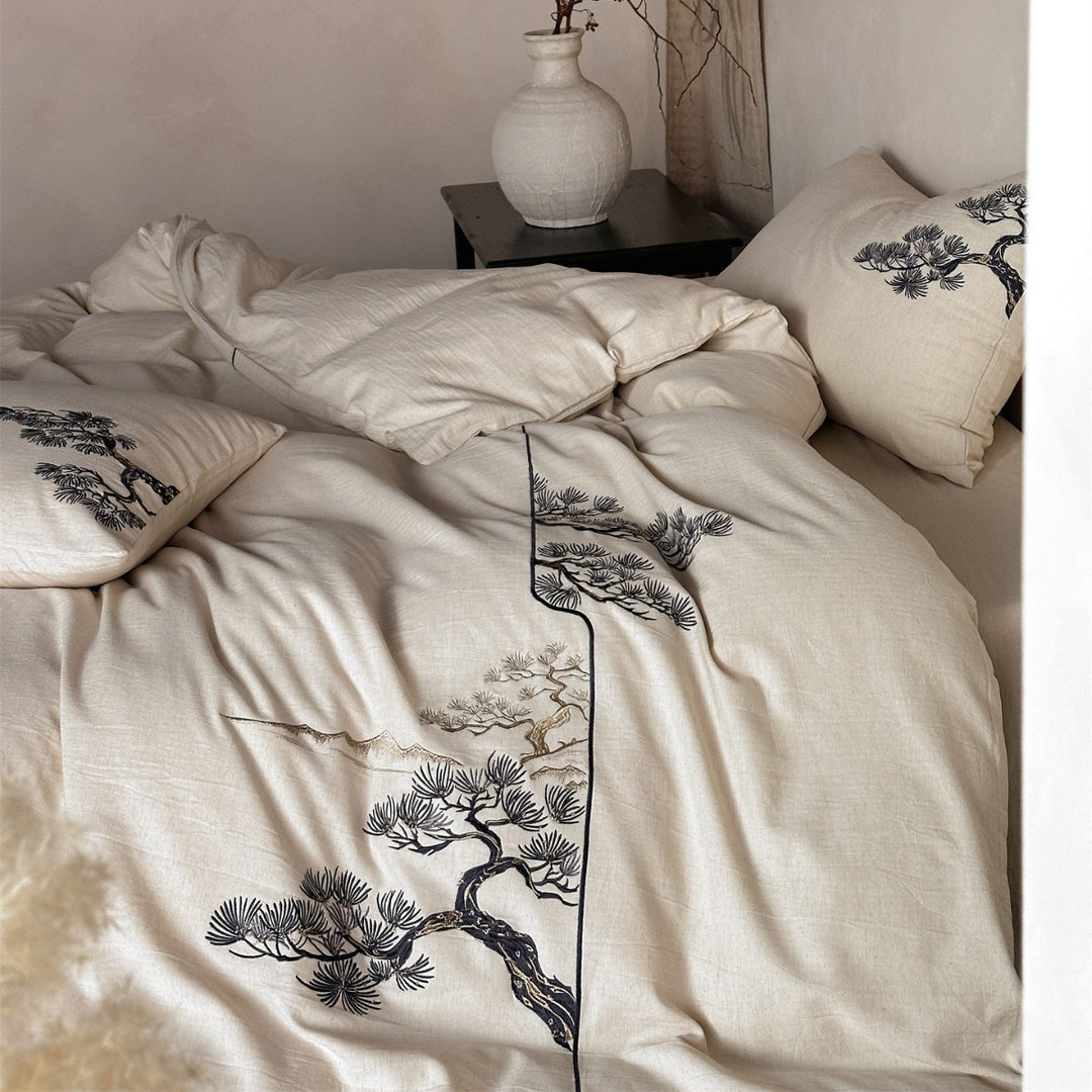 Embroidered Linen-Blend Duvet Cover Set with Botanical Pine Tree Motif