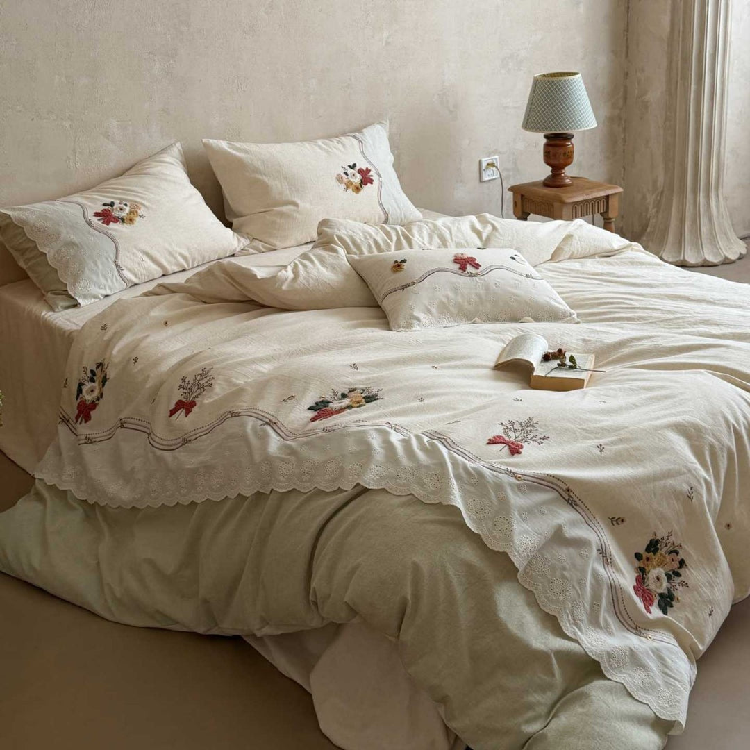 Vintage-inspired linen-cotton bedding set with flower garland embroidery