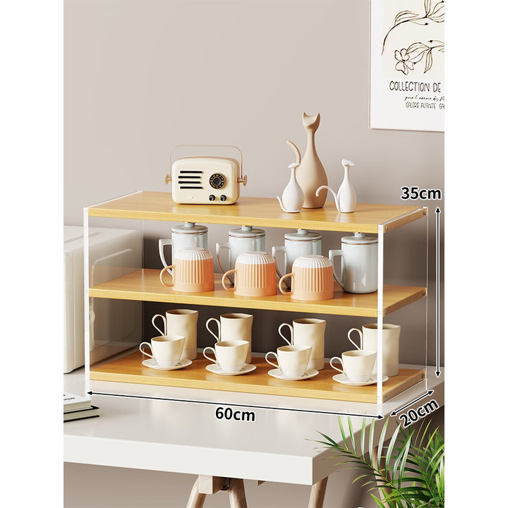 Multi-Level Bamboo-Style Countertop Kitchen Mug and Canister Organizer Shelf with Open Wood Shelves and Slim Metal Frame