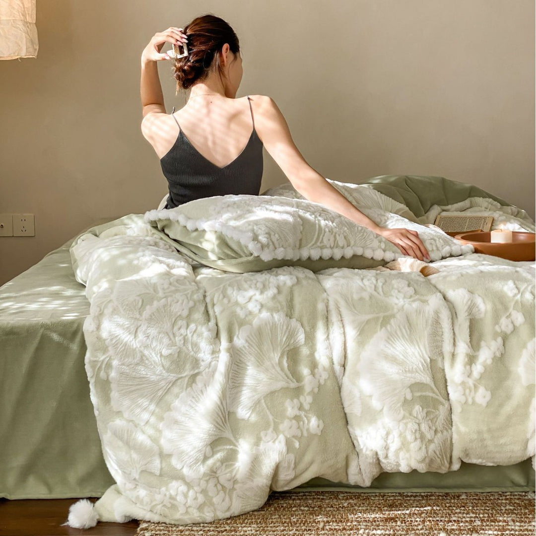 Plush Embossed Botanical Velvet Comforter & Pom-Pom Trim Pillow Sham Set