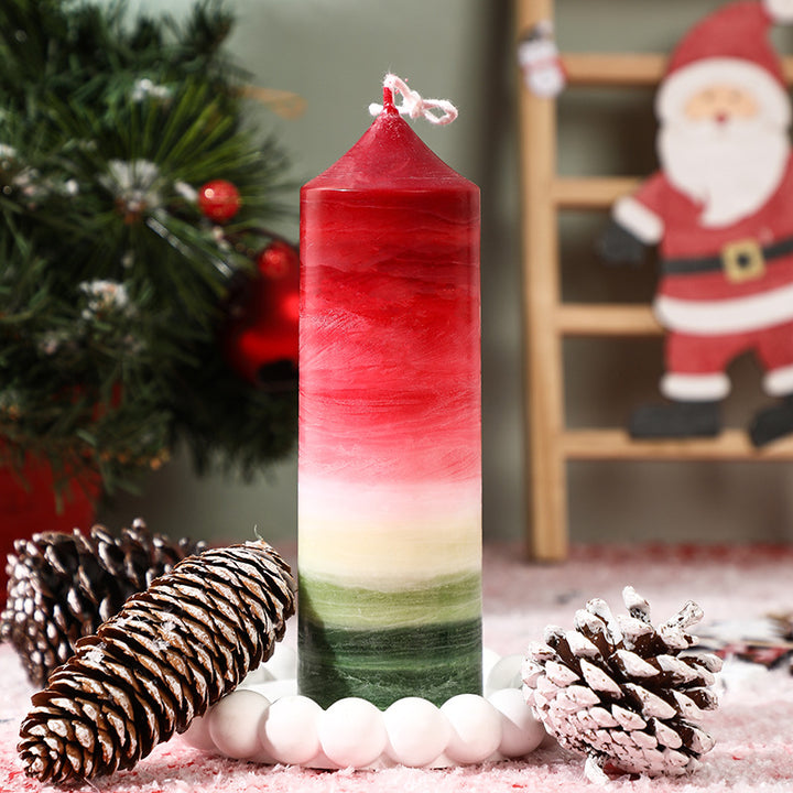 Layered Ombre Holiday Decorative Pillar Candle with Tapered Top and Cotton Wick