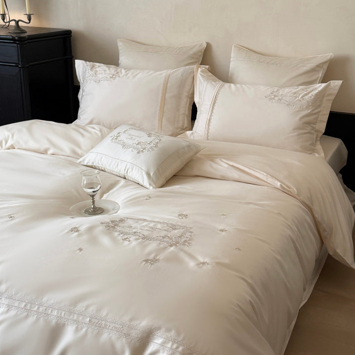 Embroidered Satin Duvet Cover Set with Decorative Pillow Shams