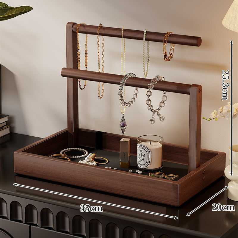 Two-Tier Wooden Jewelry Organizer Tray with Hanging Necklace Rods