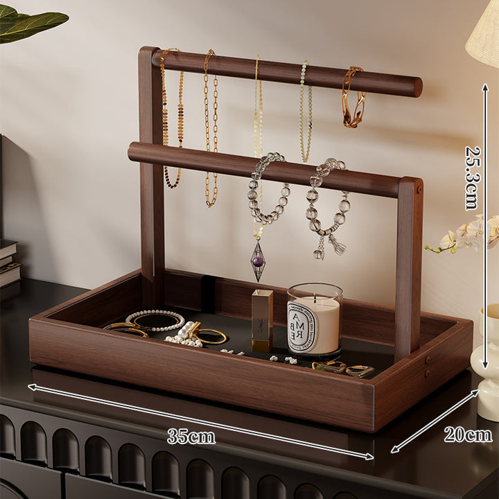 Two-Tier Wooden Jewelry Organizer Tray with Hanging Necklace Rods