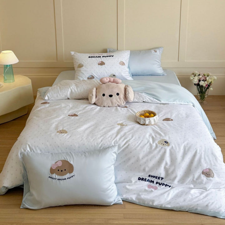 Romantic cotton satin bedding set with cute puppy embroidery and extra soft finish