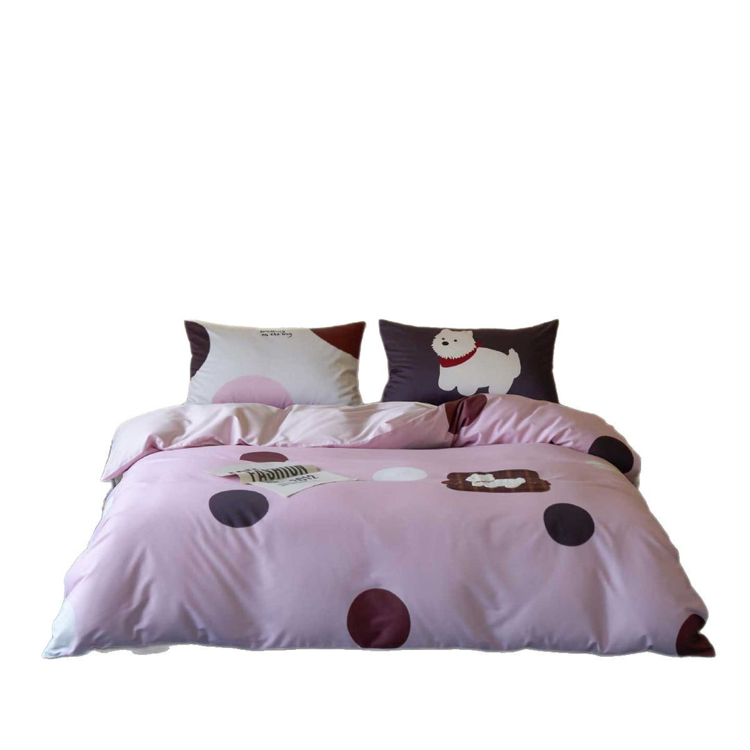 Cotton satin bedding with embroidered dog motif and red cord