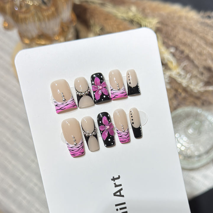 Decorative Press-On Nail Set with Floral and Striped Design Stornfield