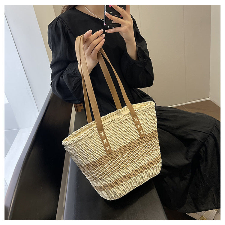 Woven Natural Material Handbag with Leather Accents Stornfield