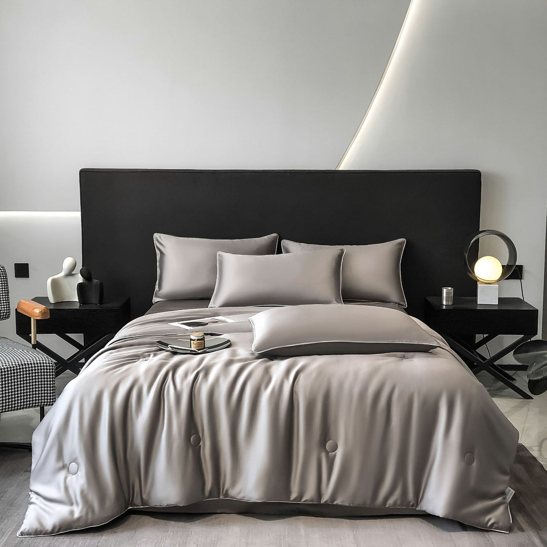 Silk cotton satin bedding cover with quilted comfort edge and pillowcases