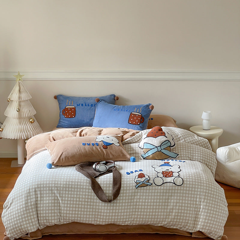 Embroidered Gingham Puppy Duvet Cover Bedding Set with Plush Accent Pillows