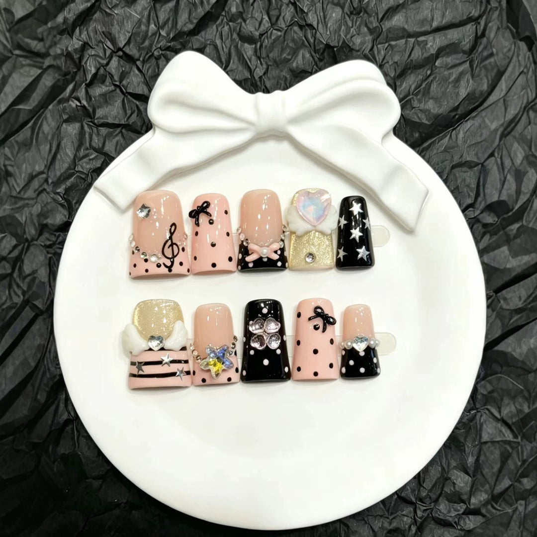 Decorative Press-On Nail Art Set with Unique Charms