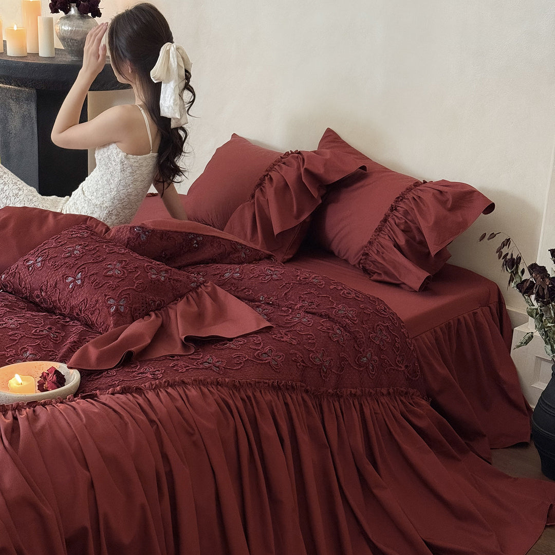Opulent ruffled table cover and bed cover set made of cotton satin with embroidered decorative pillow