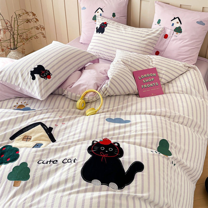 Playful Appliqué Cat Striped Duvet Cover Set with Matching Pillow Shams