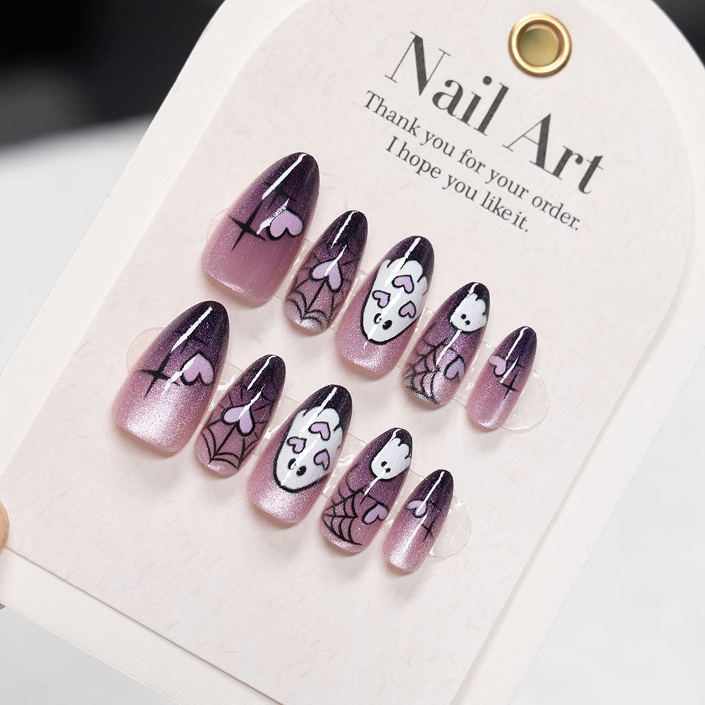 Halloween-Themed Press-On Nail Set with Ghost and Spider Designs