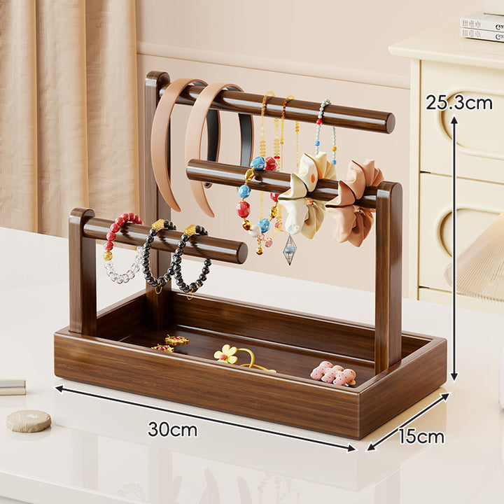 Wooden Dual-Tier Jewelry Organizer Stand with Felt-Lined Tray