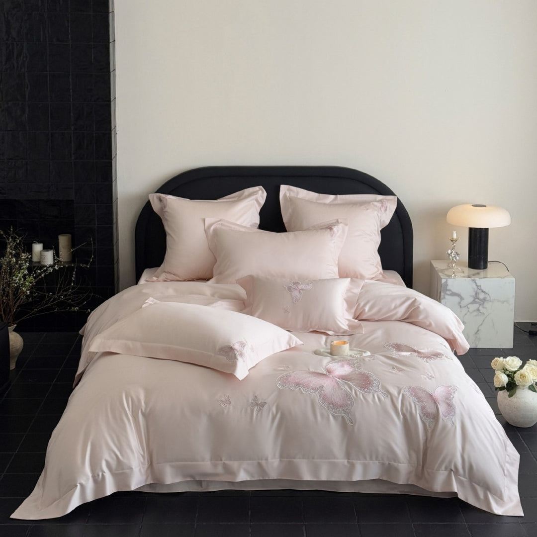 Elegant satin bed linen set with tonal butterfly embroidery