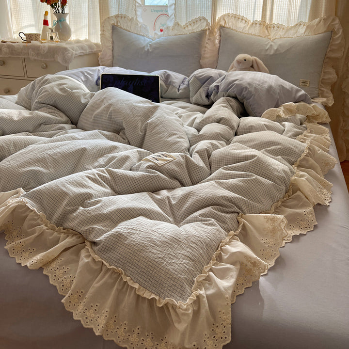 Ruffled Eyelet Lace Trim Gingham Cotton Duvet Cover Set