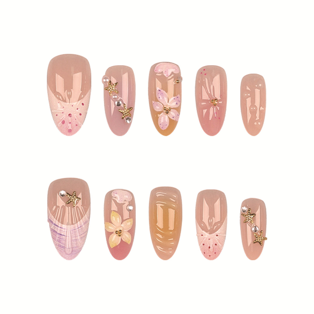 Decorative Press-On Nail Set with Floral Accents