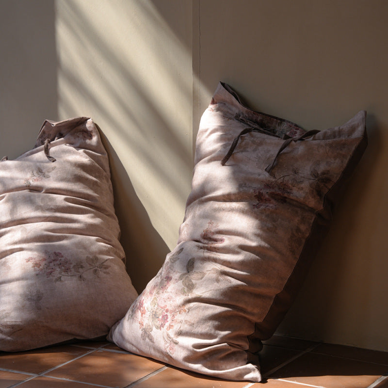 Floral Washed-Linen Feel Reversible Duvet Cover & Fitted Sheet Ensemble with Tie-Closure Pillow Shams