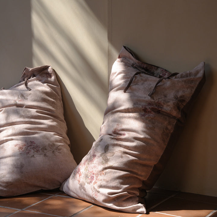 Floral Washed-Linen Feel Reversible Duvet Cover & Fitted Sheet Ensemble with Tie-Closure Pillow Shams