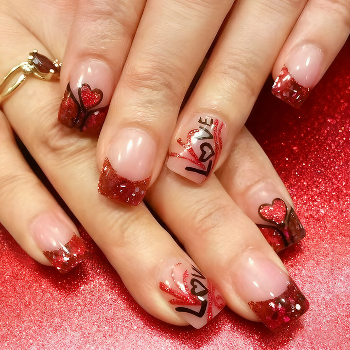 Love-Themed Glitter Graphic Press-On Nails Stornfield