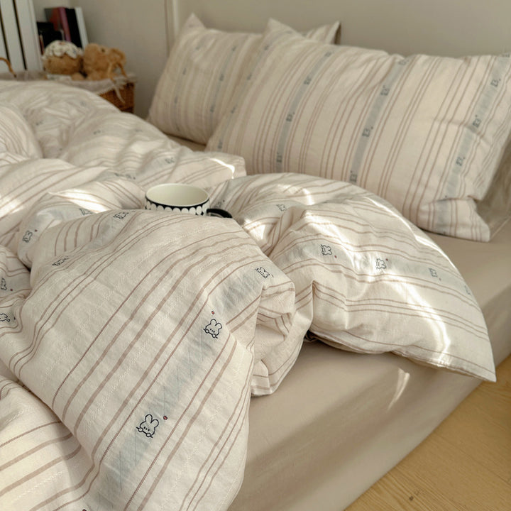 Cotton Washed Stripe Duvet Cover Set with Mini Bear Motif Pillow Shams