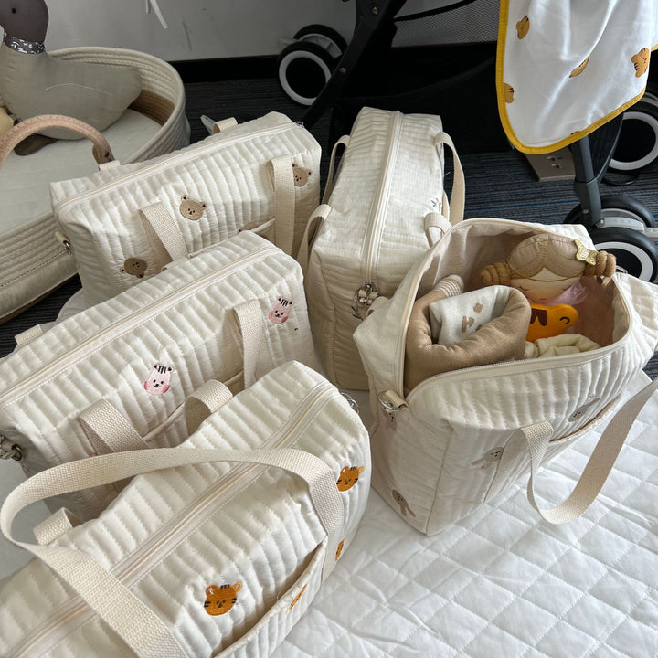 Quilted Convertible Diaper Backpack with Embroidered Animal Appliqué and Stroller Hook