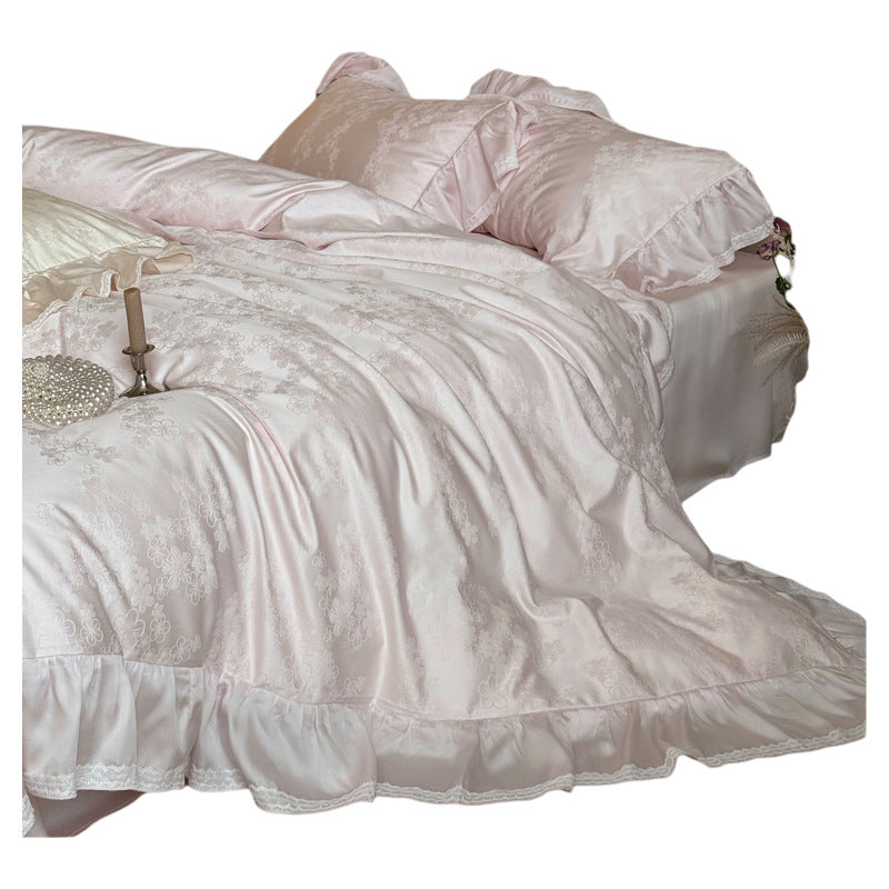 Ruffled Satin-Jacquard Duvet Cover Set with Scalloped Lace-Trim Pillow Shams